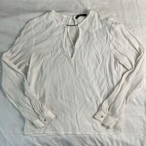 MNG Basics White Long Sleeve Blouse Top Keyhole Detail Women's‎